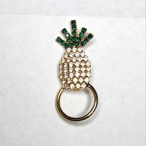 Vtg Pineapple Pin Brooch Charm Holder Gold Pave Rhinestone Crystal Fruit 80s